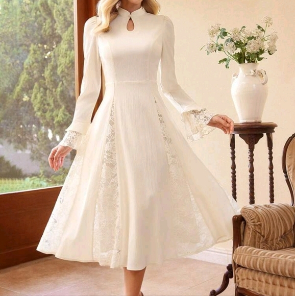 Vintage Retro A-Line Dress Chinese Collar Lace Splice Keyhole Long Sleeve,Casual - Picture 1 of 4